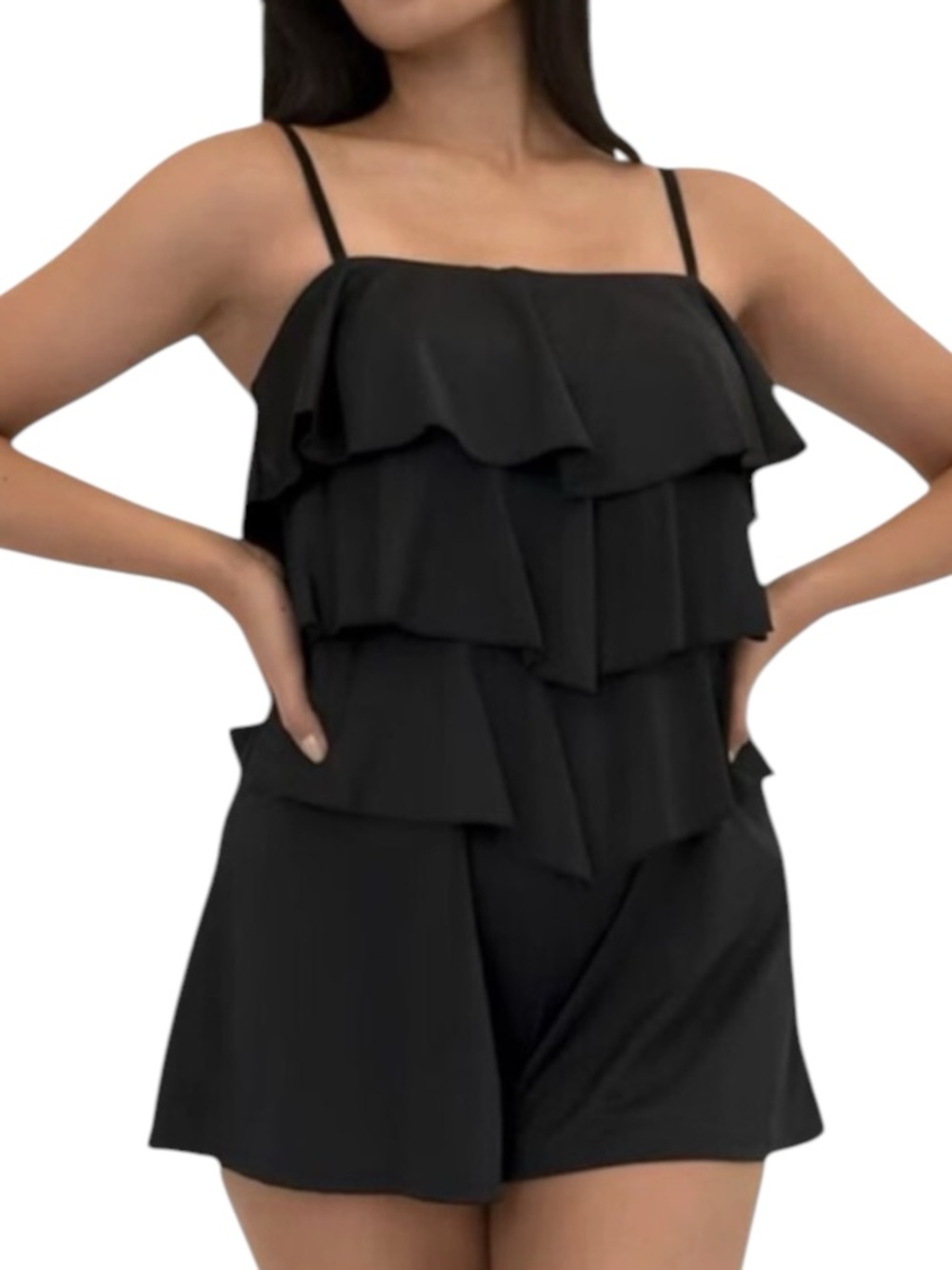 FIT 4U Hip Hider Black Tiered Ruffle Swimsuit Romper in Classic Black Size 18